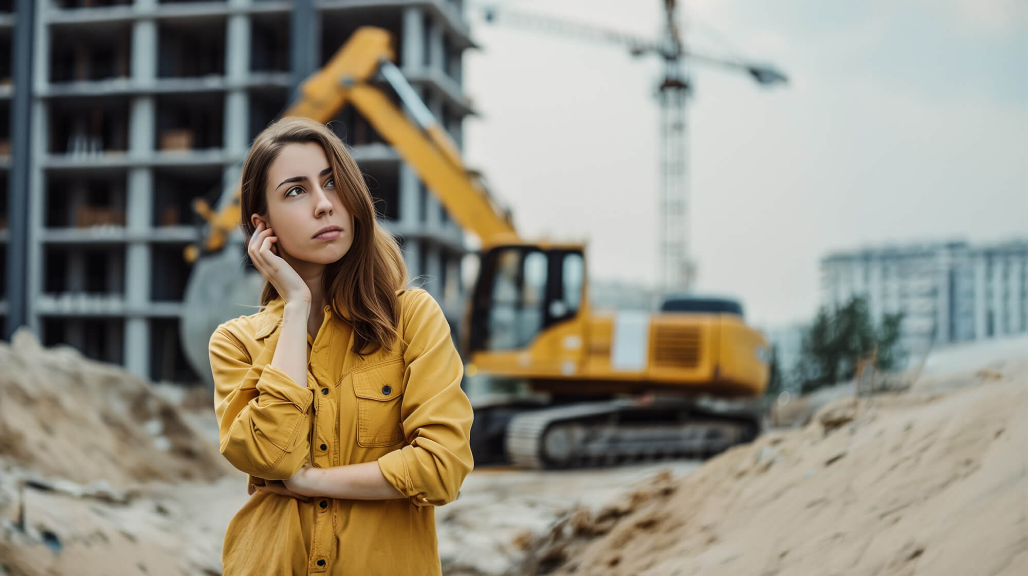 Eine Frau in einem senfgelben Hemd steht nachdenklich auf einer Baustelle und denkt darüber nach ob sie container mieten oder kaufen soll. Im Hintergrund sind Baumaschinen und ein unfertiges Gebäude zu sehen. Die Baustelle wirkt groß, mit Baukränen und teilweise fertigen Strukturen, während die Frau im Vordergrund auf etwas außerhalb des Bildes zu schauen scheint.