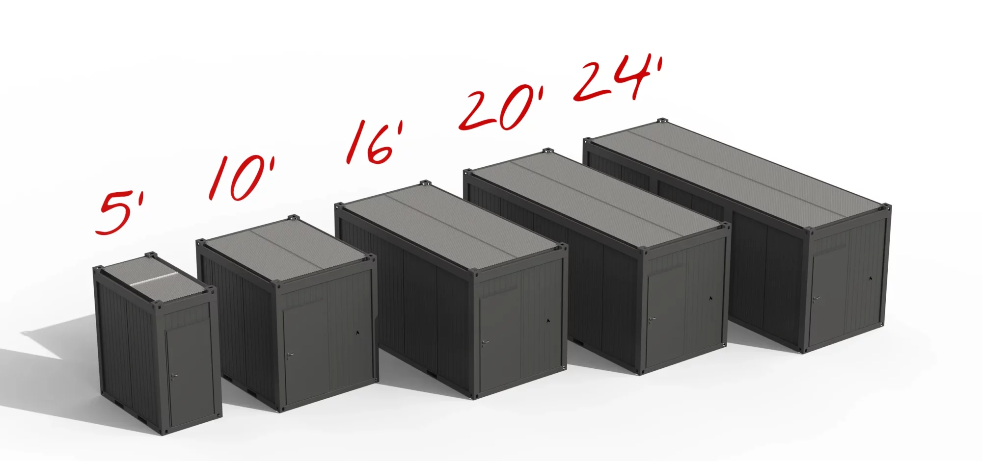 3D Grafik von der Anordnung aller Bürocontainergrößen nebeneinander. Von 5 Fuß Bürocontainer bis hin zu 24 Fuß Bürocontainer.