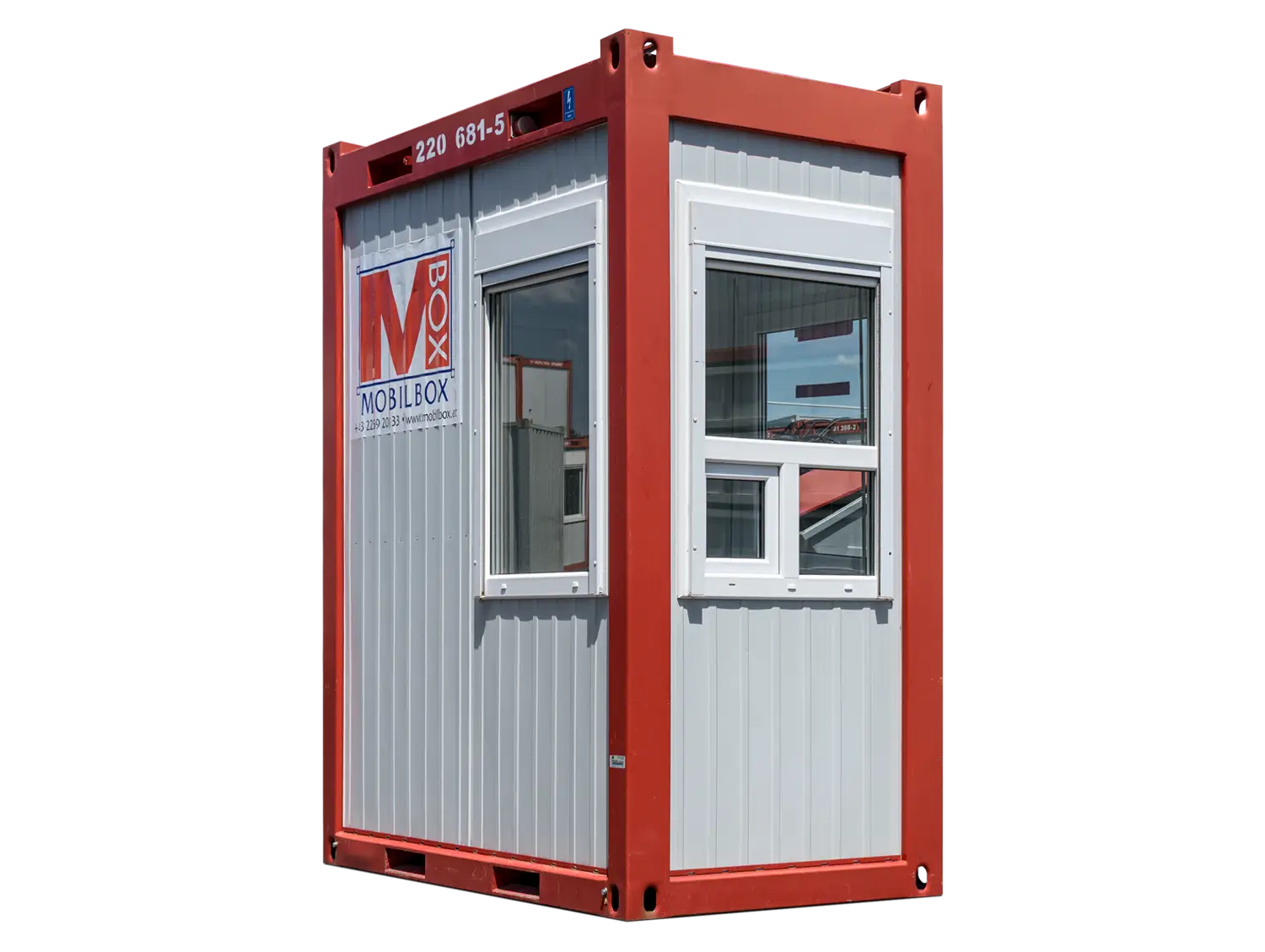 Foto eines Mobilbox Portiercontainers MB05 mit rotem Rahmen und Paneele in RAL 9002. Fenster für Portier mit Schiebefunktion.