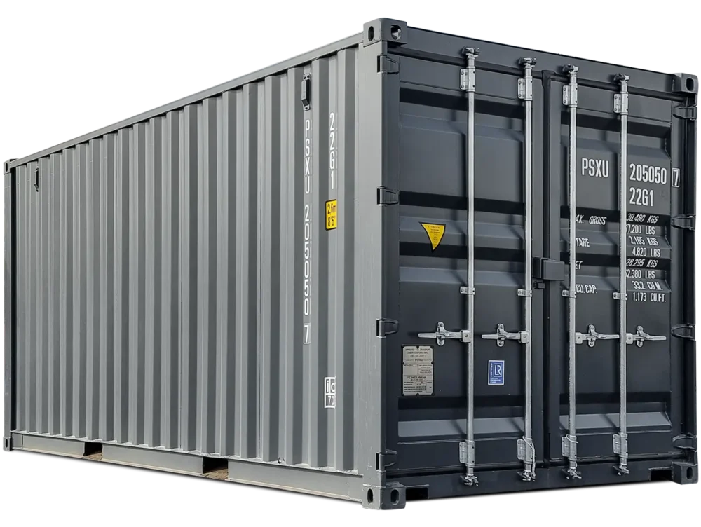 Anthrazitgrauer 20-Fuß-Seecontainer mit geschlossenen Türen