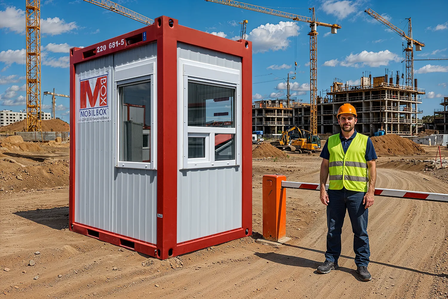 Foto von einer Baustelle wo ein Portiercontainer als Zutrittskontrolle mit Schrankenanlage genutzt wird.