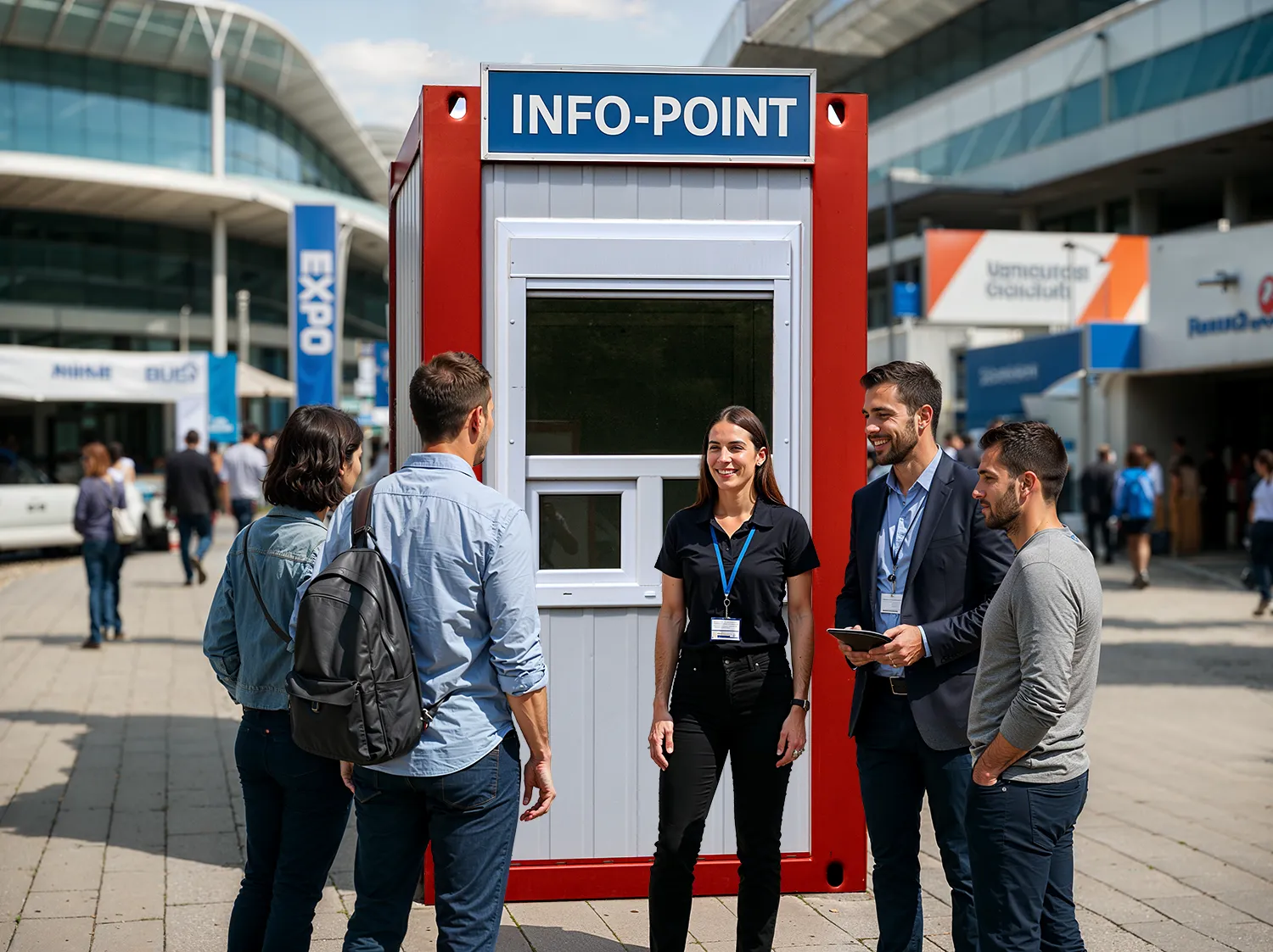 Portiercontainer eingesetzt als Info-Point bei einer Messer bzw. Veranstaltung.
