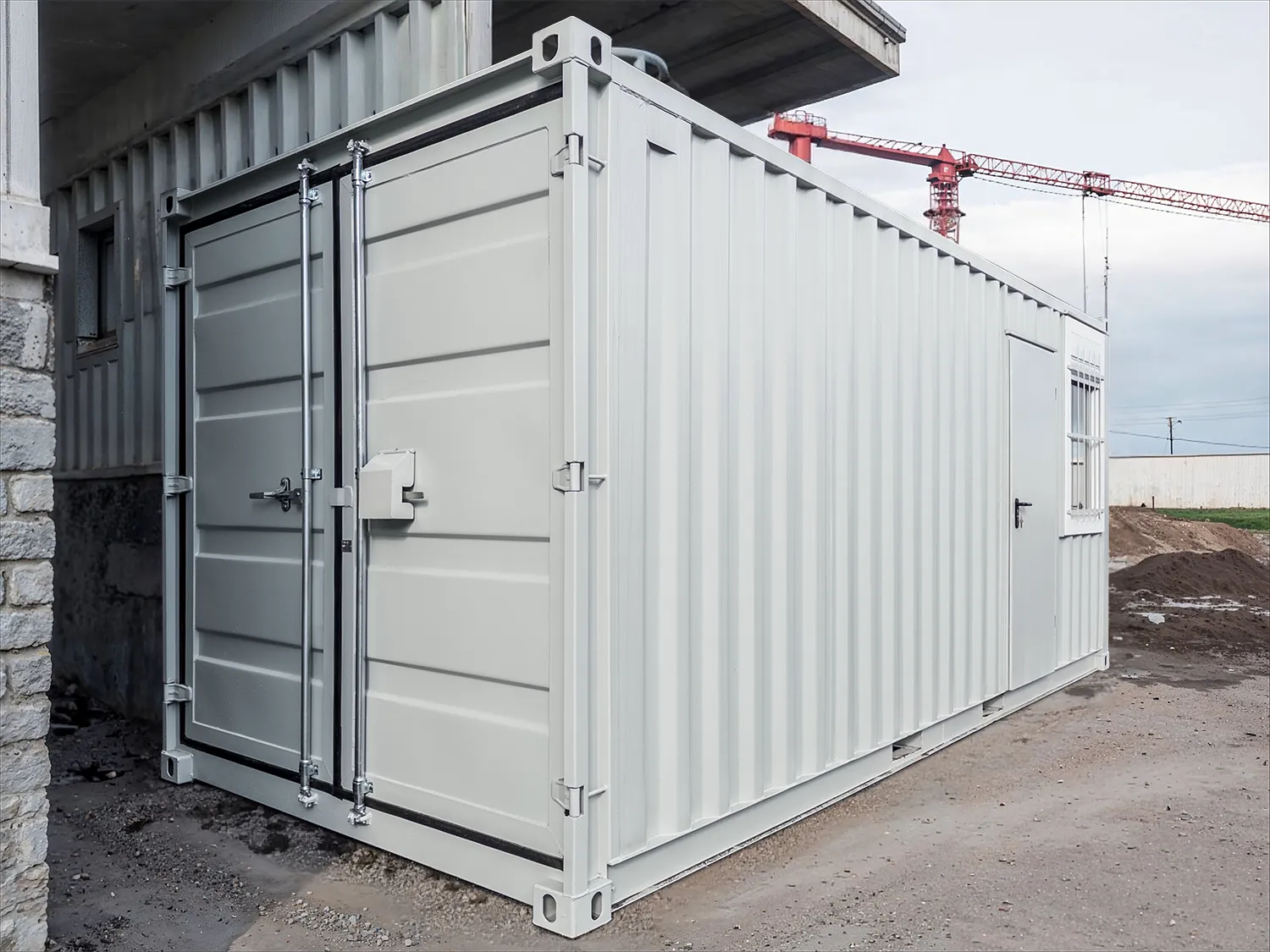 Multifunktionscontainer Sicht auf Lagercontainer-Seite mit Doppelflügeltür und Verschlussstangen.
