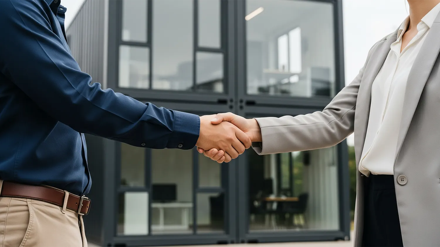Foto von einem Handshake zwischen Verkäufer und Kunden. Sie stehen vor einer anthrazitgrauen Containeranlage mit großen Festverglasungen.