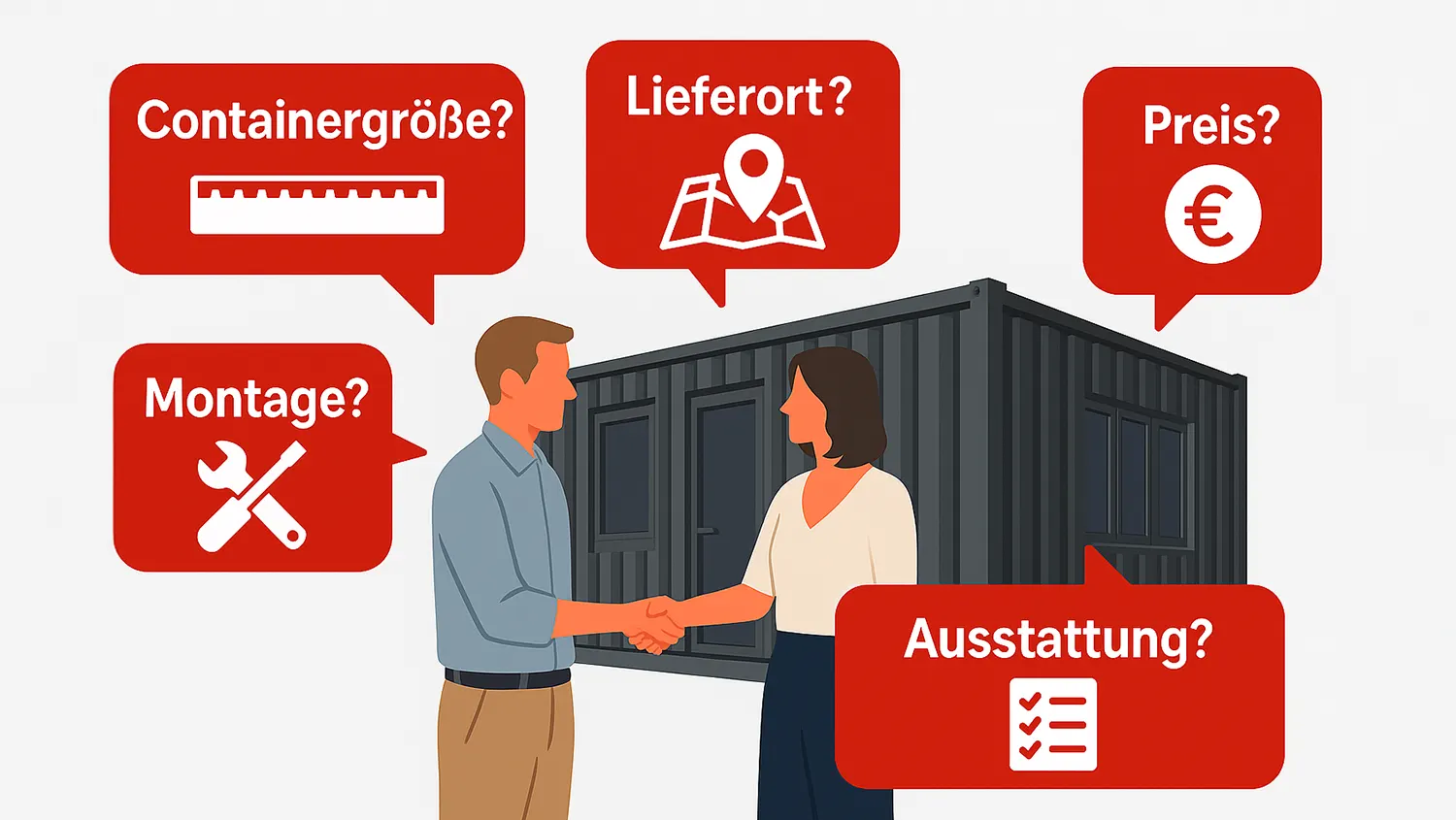 Eine Infografik welche die Zusammensetzung des Containerpreises darstellt mit Fragen wie "Containergröße?" "Lieferort?" "Ausstattung"? "Preis?"