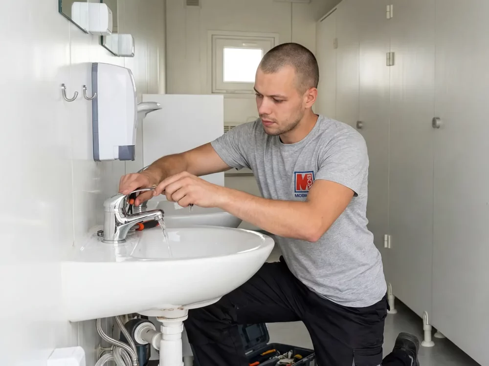 Ein Installateur wie er in einem Sanitärcontainer den Wasserhahn überprüft.